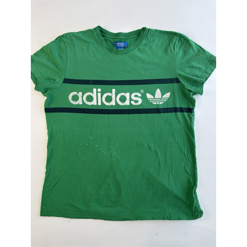 Vintage Adidas T-shirt Men’s L Green Spell Out Trefoil Retro Sport Distressed